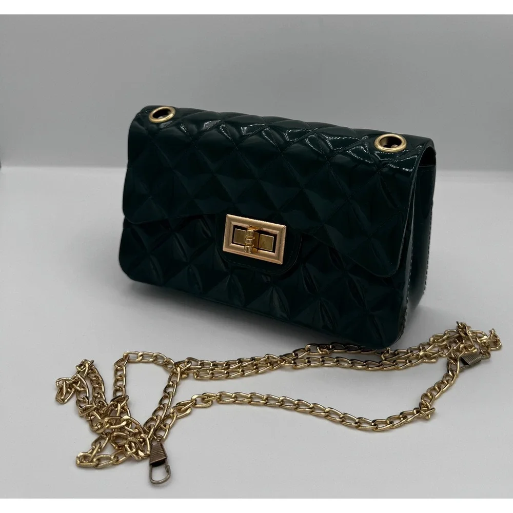 Crossbody Bag Women Small Dark Green Quilted Jelly Gold Chain‎ Retro